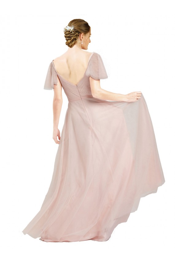 Long V-Neck Flutter Sleeves Tulle Bridesmaid Dress