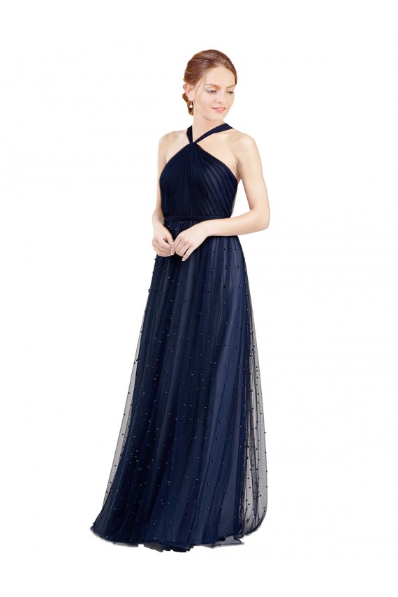 Floor Length Long Halter Pleated Tulle Bridesmaid Dress