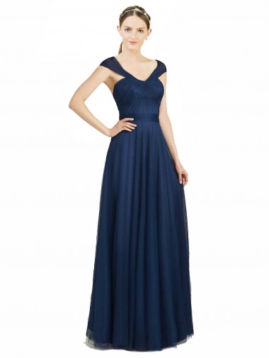 Shop Ruched Sweetheart Long A-Line Tulle Bridesmaid Dress with Wide Straps and Tie Back Perth