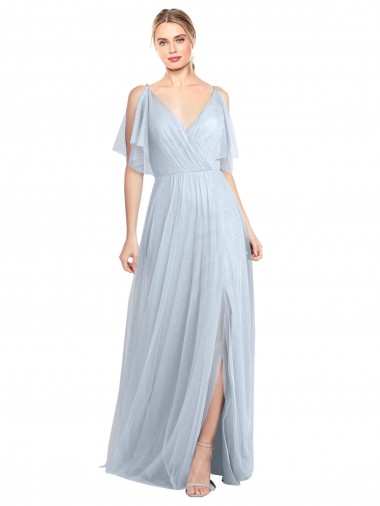 Shop Floor Length Flutter Sleeves Long Tulle Bridesmaid Dress with Side Slit Perth