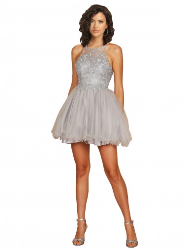 Shop Halter Neckline Criss Cross Back Short Cocktail Dress with Beaded Lace Bodice Perth