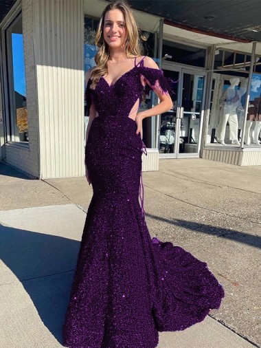 Shop Cold Shoulder Sleeveless Long Court Train Velvet Sequin Prom Dress Perth