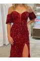 Off the Shoulder Short Sleeves Long Floor Length Velvet Sequin Prom Dress with High Slit Perth