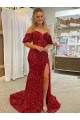 Off the Shoulder Short Sleeves Long Floor Length Velvet Sequin Prom Dress with High Slit Perth