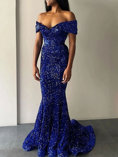 Mermaid Off the Shoulder Sleeveless Long Sweep Train Velvet Sequin Prom Dress Perth