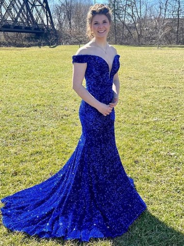 Off the Shoulder Sleeveless Long Sweep Train Velvet Sequin Prom Dress Perth