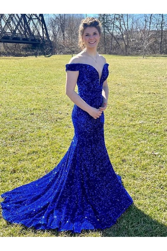 Off the Shoulder Sleeveless Long Sweep Train Velvet Sequin Prom Dress Perth
