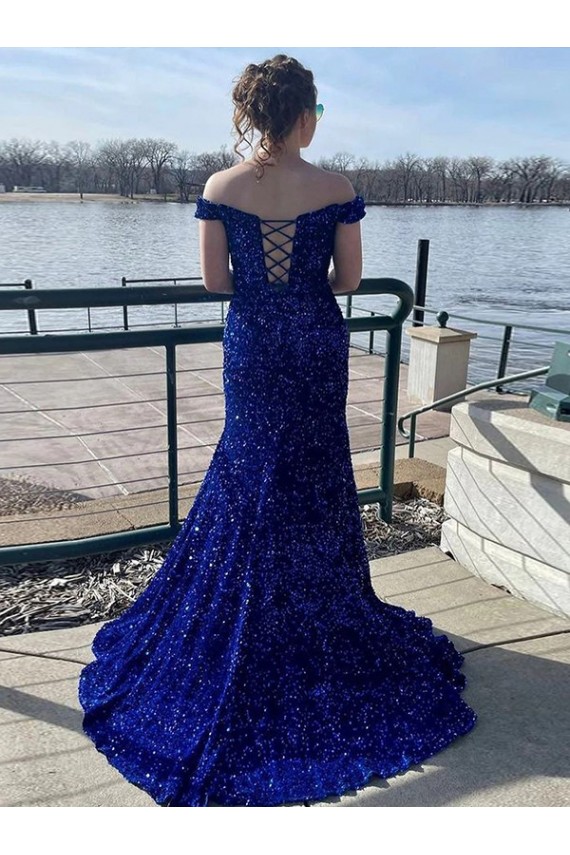 Off the Shoulder Sleeveless Long Sweep Train Velvet Sequin Prom Dress Perth