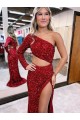 Mermaid One Shoulder Long Sleeves Long Sweep Train Velvet Sequin Prom Dress with High Slit Perth