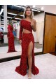 Mermaid One Shoulder Long Sleeves Long Sweep Train Velvet Sequin Prom Dress with High Slit Perth