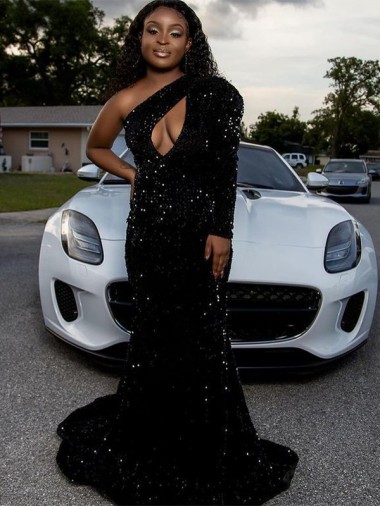 Shop One Shoulder Long Sleeves Long Sweep Train Velvet Sequin Prom Dress Perth
