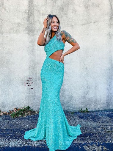 Shop Mermaid One Shoulder Sleeveless Long Sweep Train Velvet Sequin Prom Dress Perth