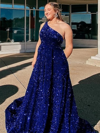 A-Line One Shoulder Sleeveless Long Sweep Train Velvet Sequin Prom Dress with Pockets Perth