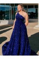 A-Line One Shoulder Sleeveless Long Sweep Train Velvet Sequin Prom Dress with Pockets Perth