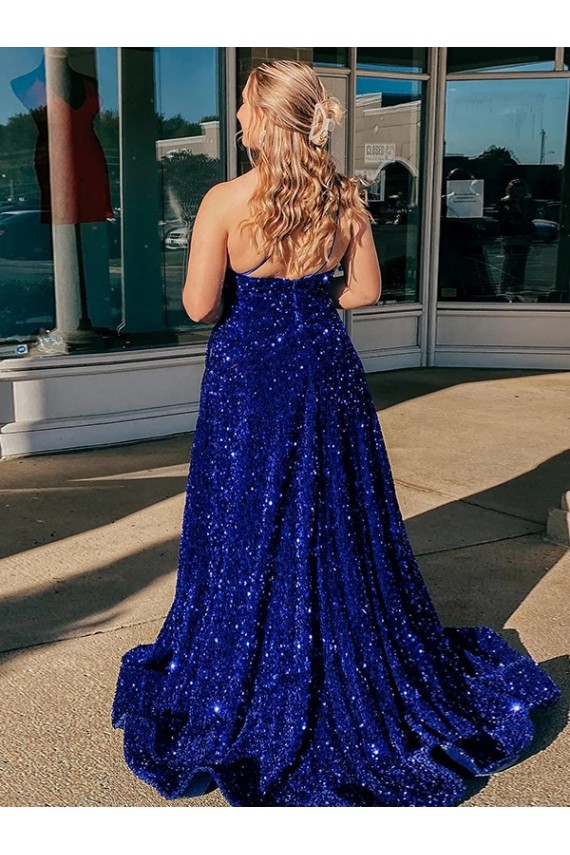 A-Line One Shoulder Sleeveless Long Sweep Train Velvet Sequin Prom Dress with Pockets Perth
