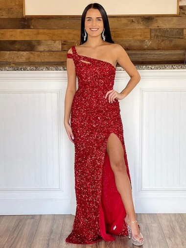 One Shoulder Sleeveless Long Sweep Train Velvet Sequin Prom Dress Perth