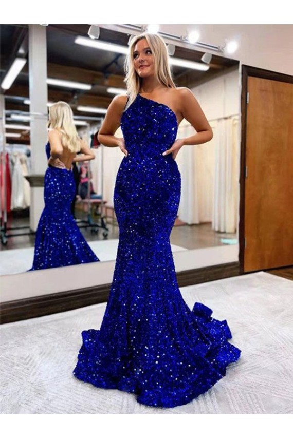 Mermaid One Shoulder Open Back Long Sweep Train Velvet Sequin Prom Dress Perth