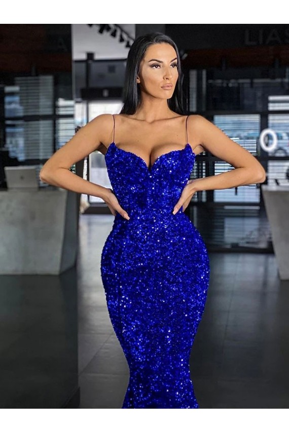 Mermaid Spaghetti Straps Sleeveless Long Sweep Train Velvet Sequin Prom Dress Perth