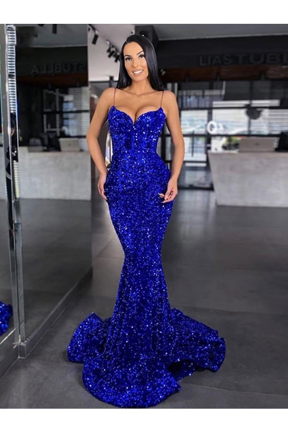 Mermaid Spaghetti Straps Sleeveless Long Sweep Train Velvet Sequin Prom Dress Perth