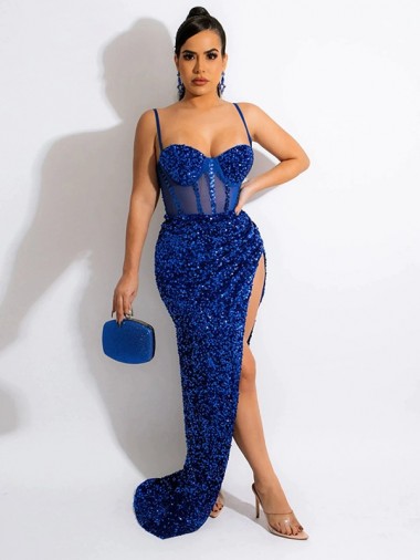 Long Sweep Train Spaghetti Straps Sleeveless Velvet Sequin Prom Dress with Slit Perth