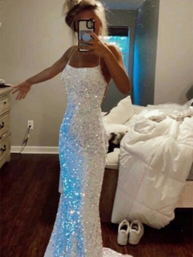 Shop Long Spaghetti Straps Sleeveless Sweep Train Velvet Sequin Prom Dress Perth