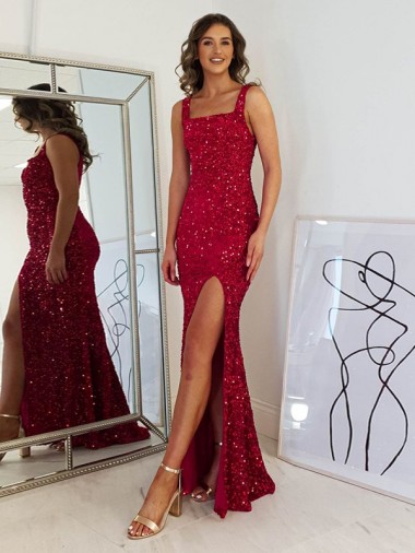 Shop Square Neck Sleeveless Long Velvet Sequin Prom Dress with Slit Perth