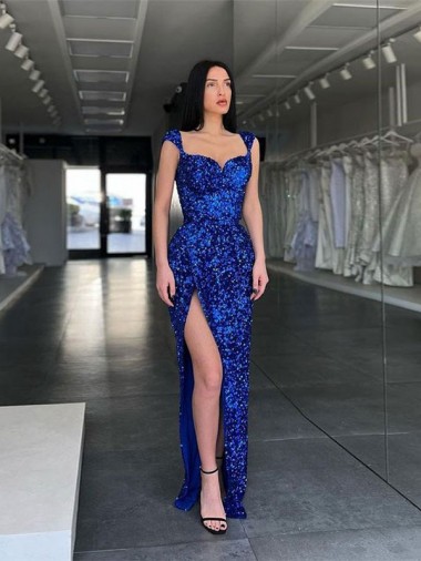 Sleeveless Long Sweep Train Velvet Sequin Prom Dress with High Slit and Straps Perth