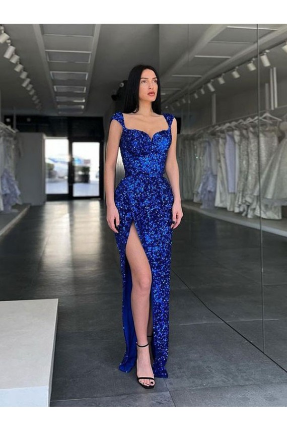 Sleeveless Long Sweep Train Velvet Sequin Prom Dress with High Slit and Straps Perth