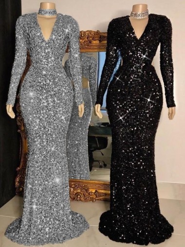 V-Neck Long Sleeves Long Sweep Train Velvet Sequin Prom Dress Perth