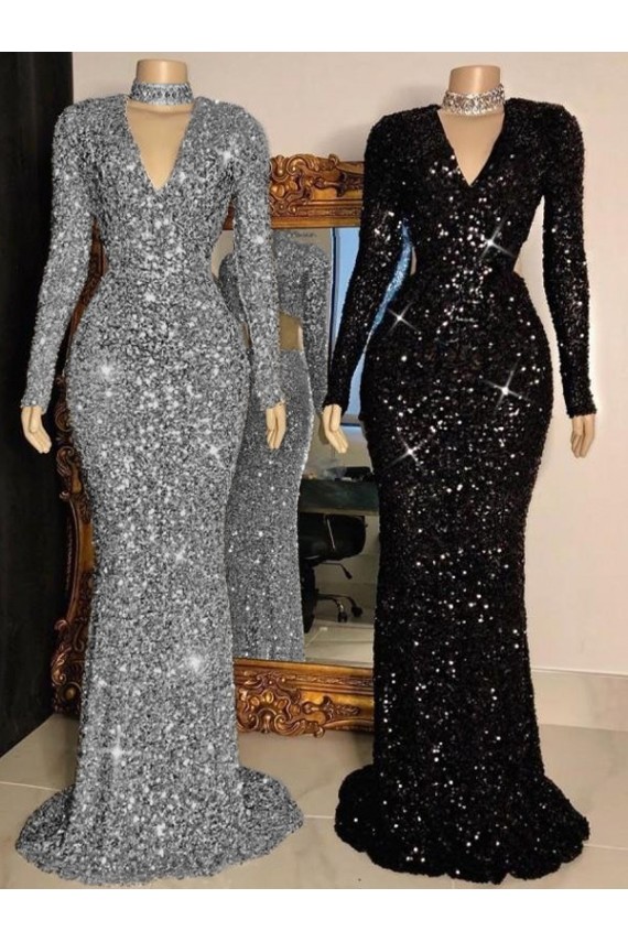 V-Neck Long Sleeves Long Sweep Train Velvet Sequin Prom Dress Perth