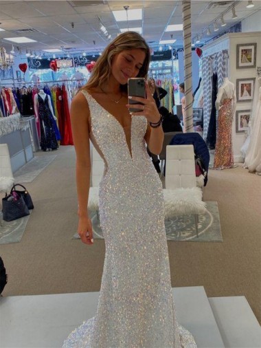Shop V-Neck Sleeveless Long Velvet Sequin Prom Dress with Sweep Train Perth