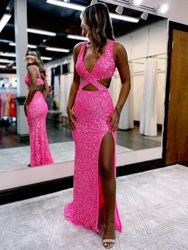 Shop Long V-Neck Sleeveless Sweep Train Velvet Sequin Prom Dress with High Slit Perth
