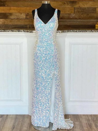 V-Neck Sleeveless Long Sweep Train Velvet Sequin Prom Dress Perth