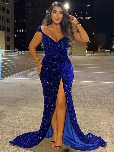 V-Neck Sleeveless Long Sweep Train Velvet Sequin Prom Dress with Slit Perth