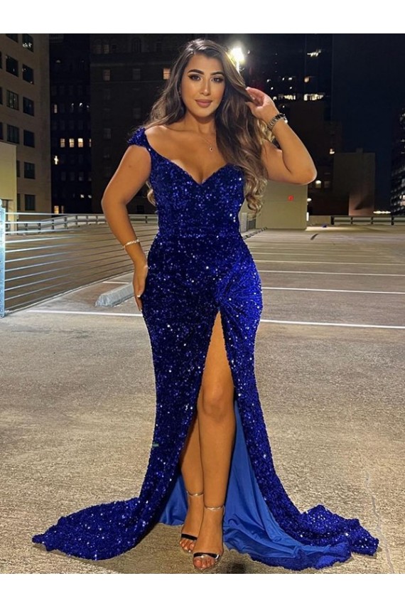V-Neck Sleeveless Long Sweep Train Velvet Sequin Prom Dress with Slit Perth