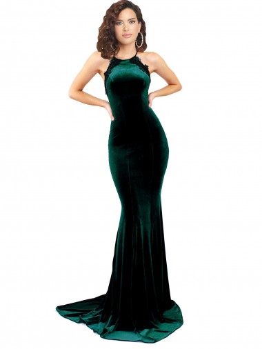 Shop High Neck Formal Stretch Velvet Bridesmaid Dress / Prom Dress with Black Lace Embroidery Perth