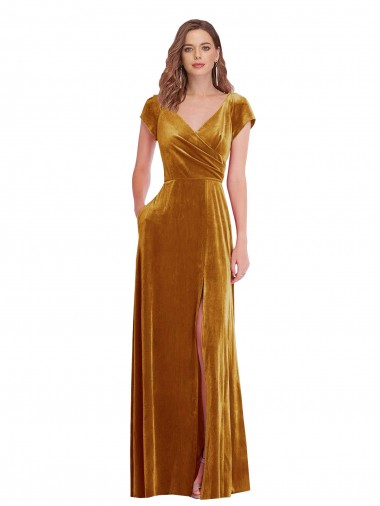 Shop Cap Sleeve Faux Wrap Formal Velvet Maxi Bridesmaid Dress / Prom Dress with Pockets Perth