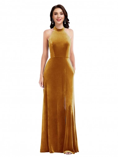 Shop High-Neck Halter Velvet Maxi Bridesmaid Dress / Prom Dress with Front Slit Perth