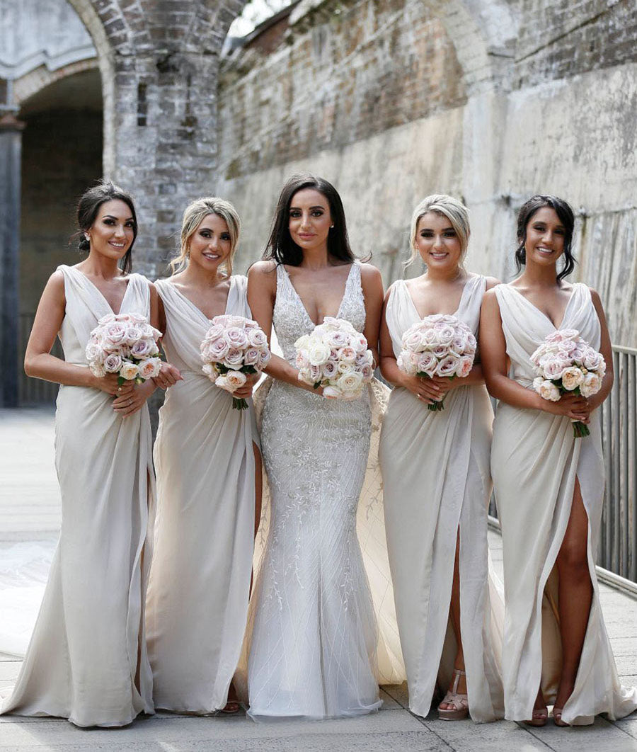 Full Length Luxe Chiffon Long Champagne bridesmaid dresses Perth with Sexy High Slit and Front Ruffles