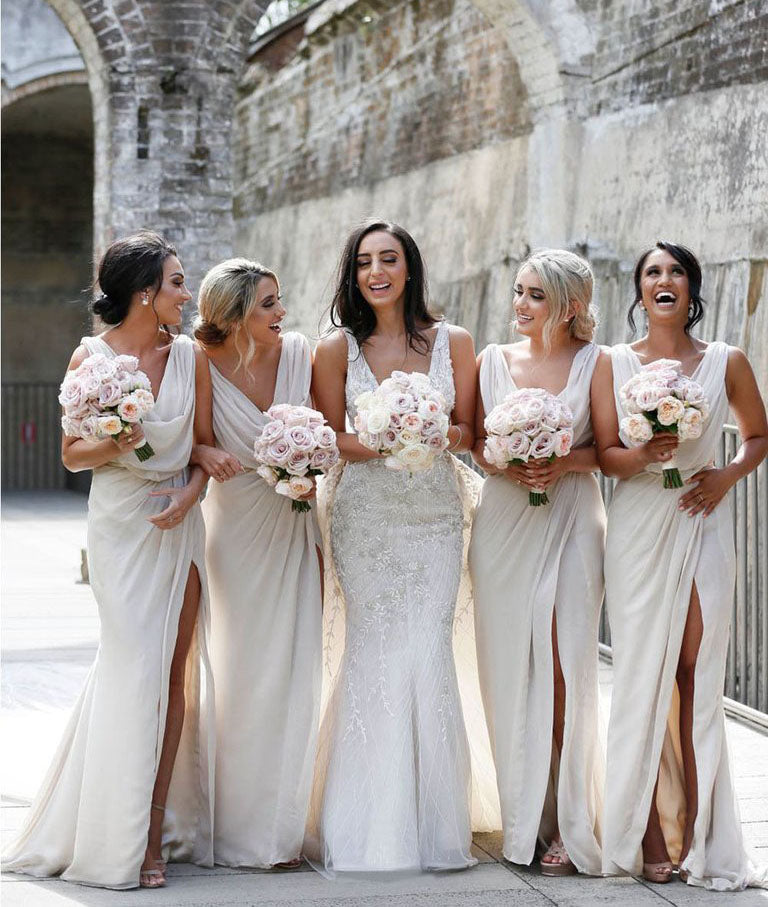 Full Length Luxe Chiffon Long Champagne bridesmaid dresses Perth with Sexy High Slit and Front Ruffles