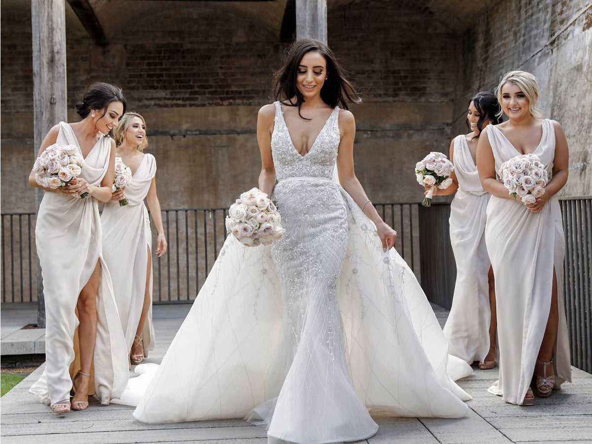Full Length Luxe Chiffon Long Champagne bridesmaid dresses Perth with Sexy High Slit and Front Ruffles