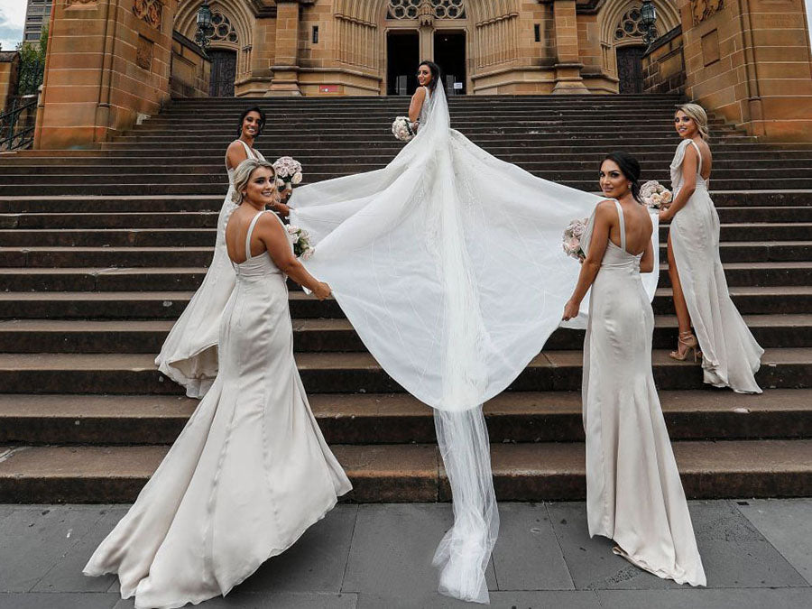 Full Length Luxe Chiffon Long Champagne bridesmaid dresses Perth with Sexy High Slit and Front Ruffles