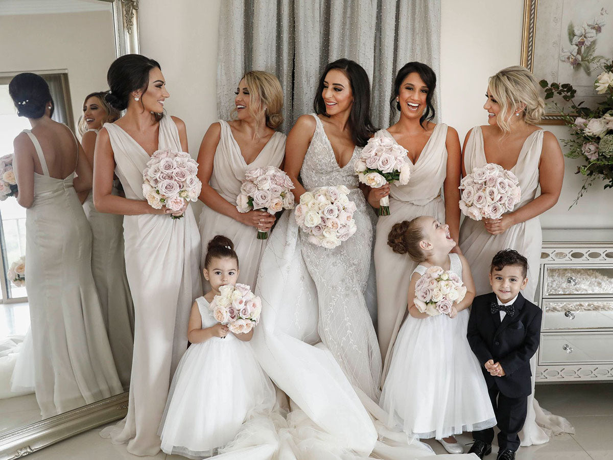 Full Length Luxe Chiffon Long Champagne bridesmaid dresses Perth with Sexy High Slit and Front Ruffles
