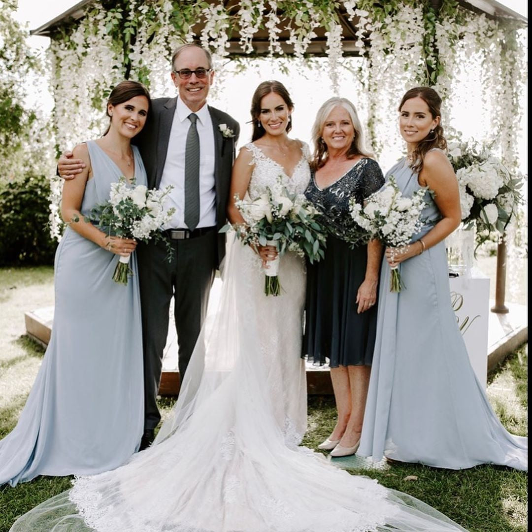 Dusty Blue Full Length Luxe Chiffon Long Champagne bridesmaid dresses Perth with Sexy High Slit and Front Ruffles